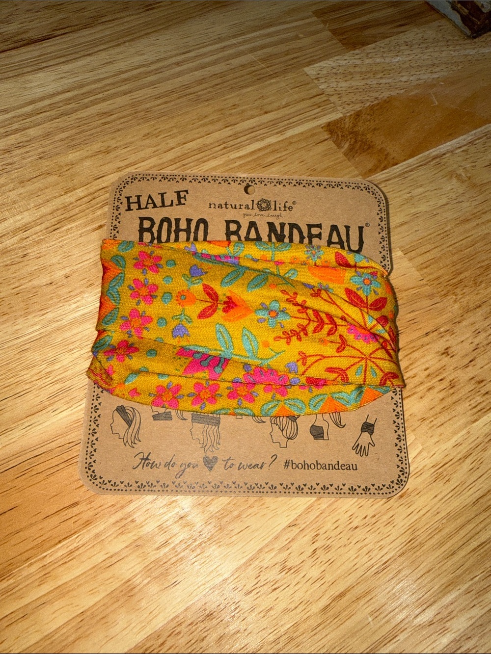 NATURAL LIFE Yellow Floral Boho Headband with Pink & Blue Accents half size.